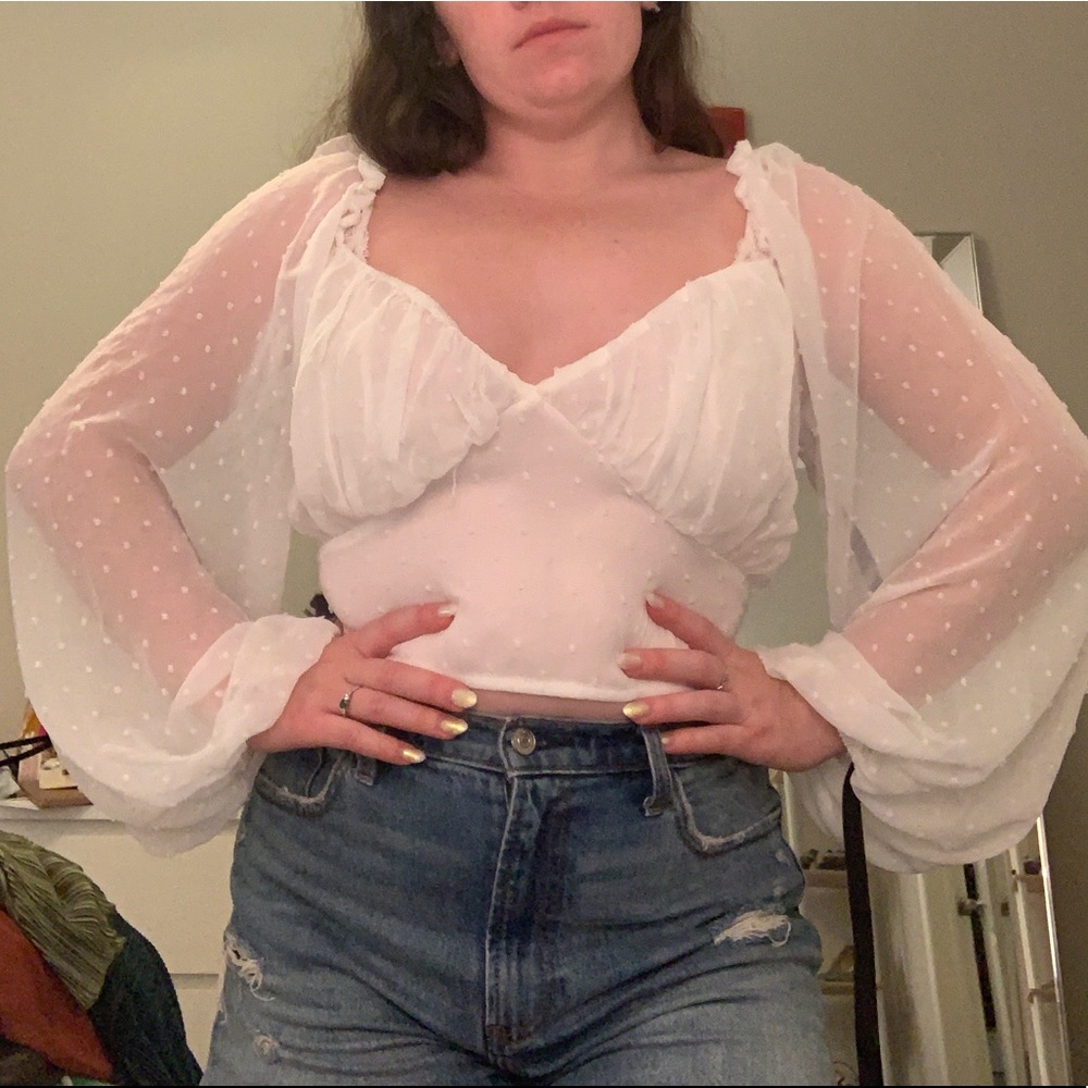 PLT White sheer sleeve crop top